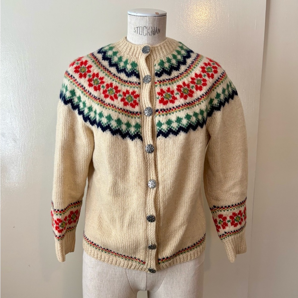 SOLD - Vintage 60s 70s Fair Isle Cardigan Sweater Wool Silver Buttons Cream